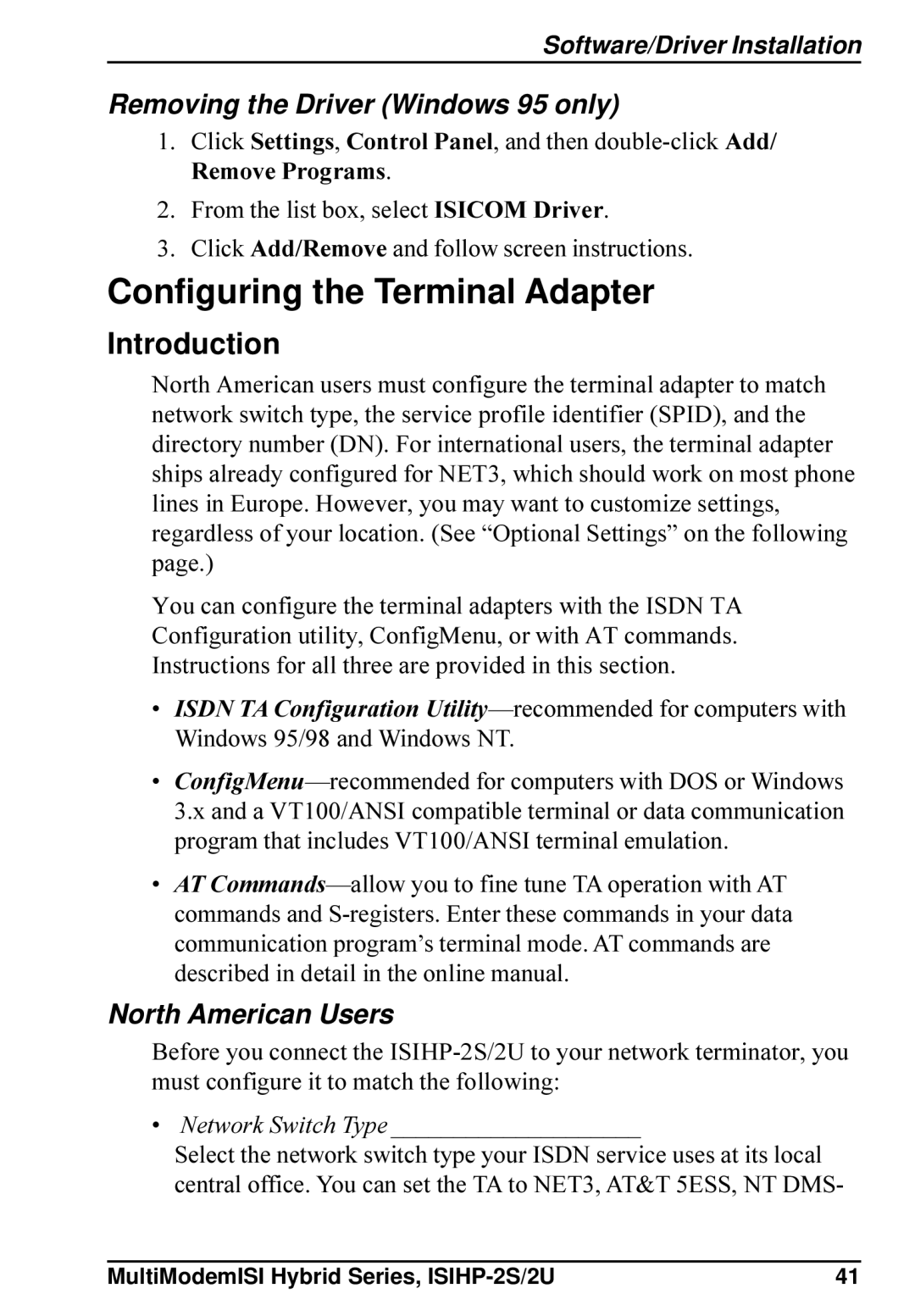 Multi-Tech Systems ISIHP-2U Configuring the Terminal Adapter, Removing the Driver Windows 95 only, North American Users 