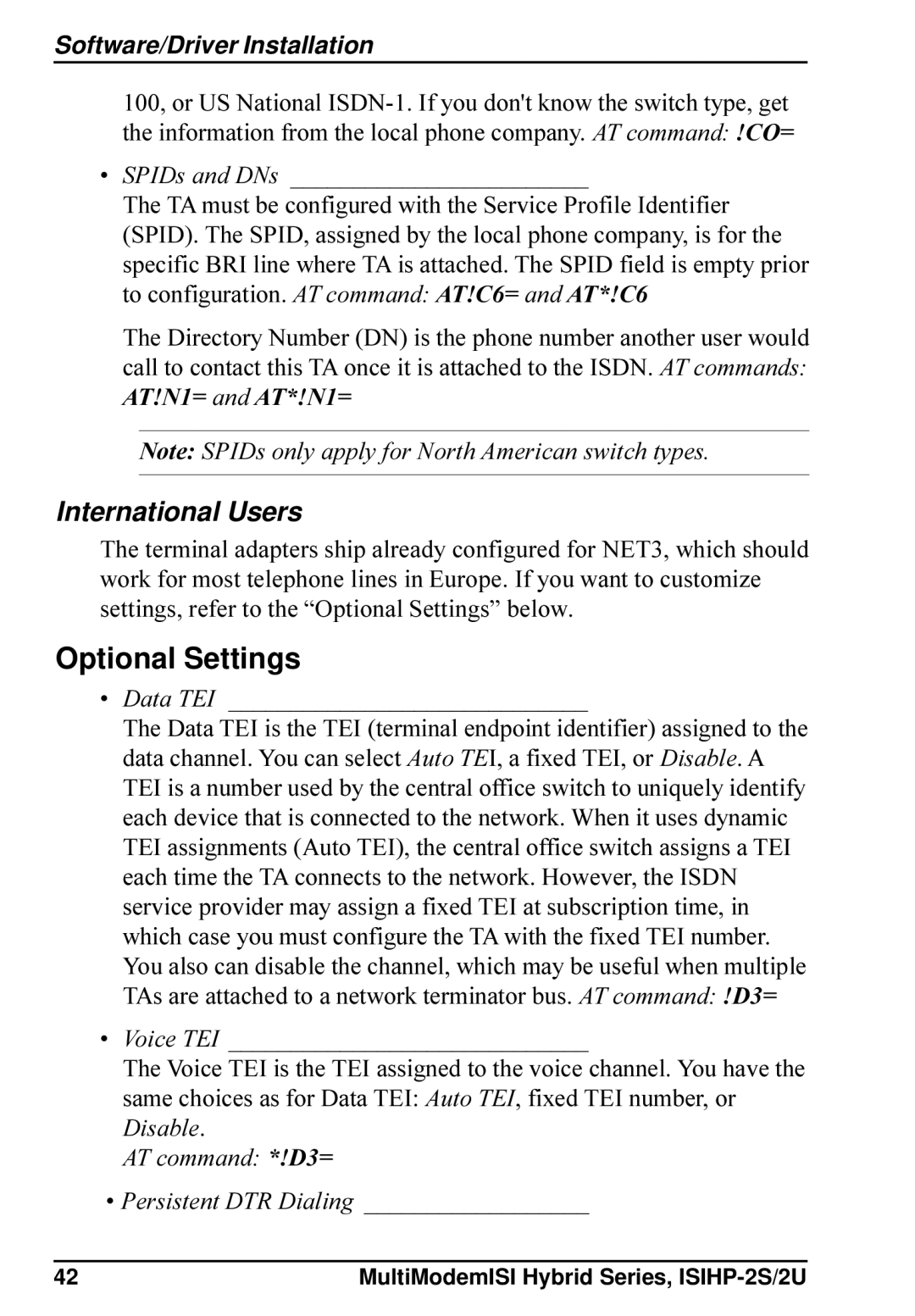 Multi-Tech Systems ISIHP-2S, ISIHP-2U quick start Optional Settings, International Users 