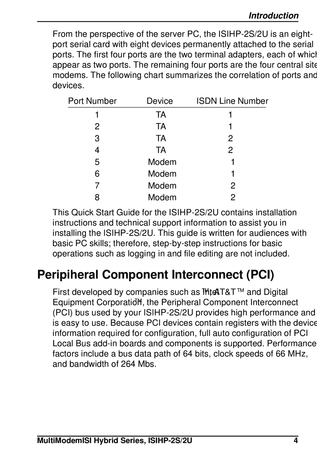 Multi-Tech Systems ISIHP-2U, ISIHP-2S quick start Peripiheral Component Interconnect PCI, Device 