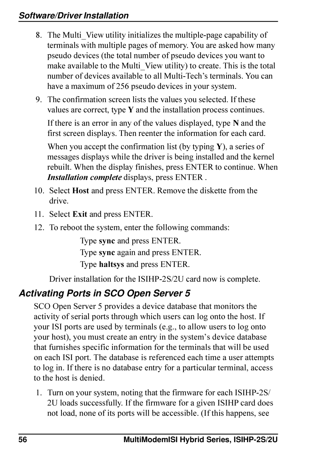 Multi-Tech Systems ISIHP-2S, ISIHP-2U quick start Activating Ports in SCO Open Server 