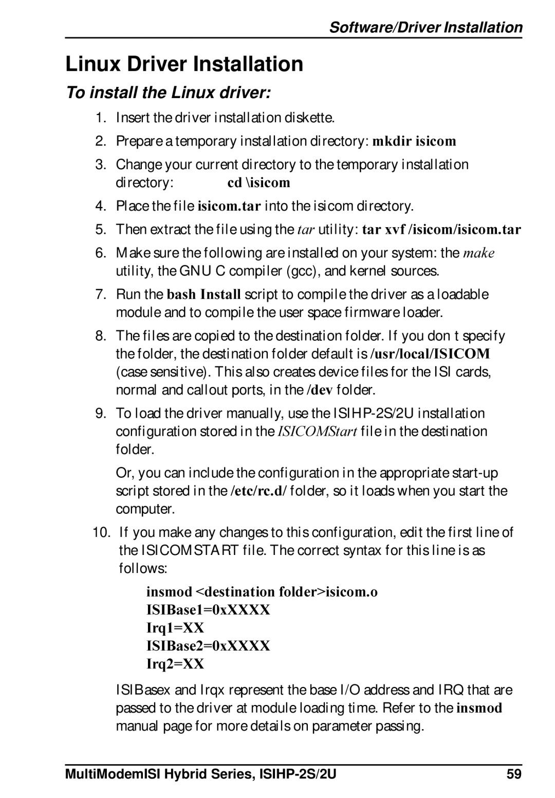 Multi-Tech Systems ISIHP-2U, ISIHP-2S quick start Linux Driver Installation, To install the Linux driver 