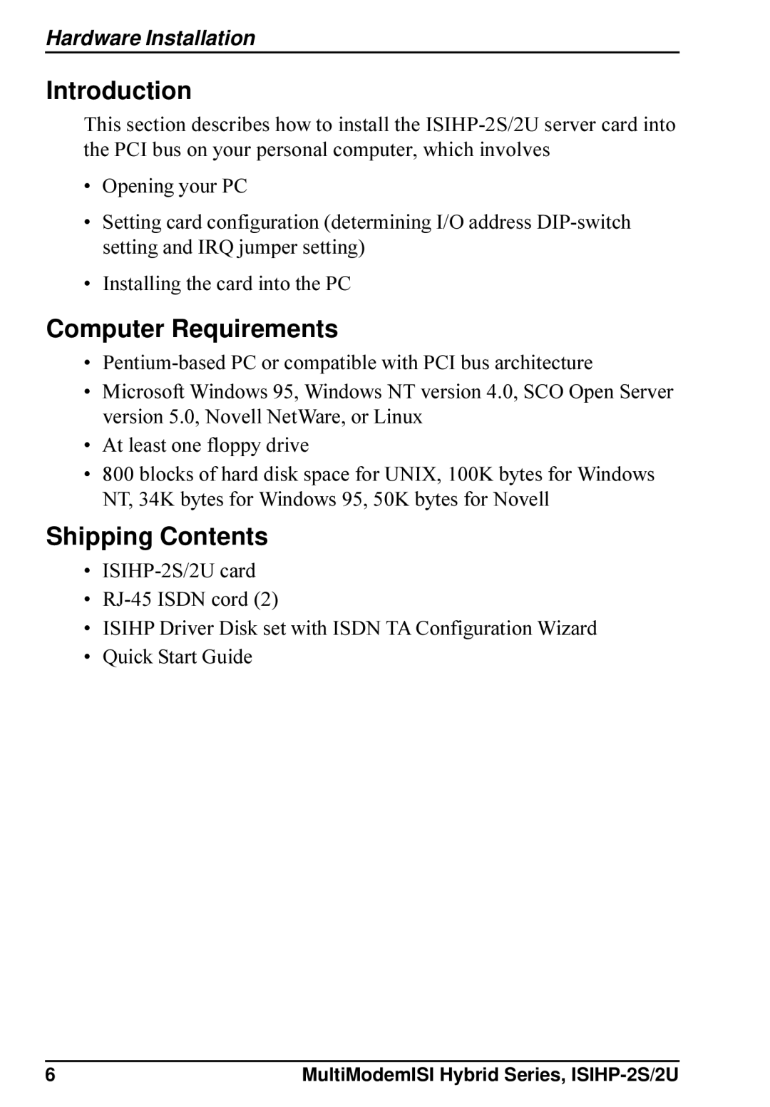 Multi-Tech Systems ISIHP-2S, ISIHP-2U quick start Introduction, Computer Requirements, Shipping Contents 