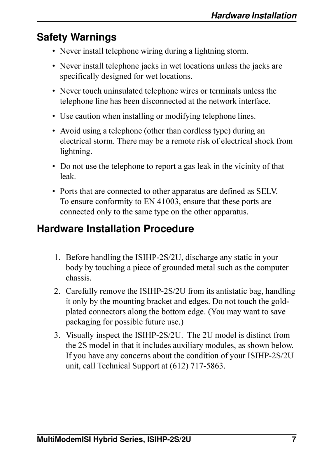 Multi-Tech Systems ISIHP-2U, ISIHP-2S quick start Safety Warnings, Hardware Installation Procedure 