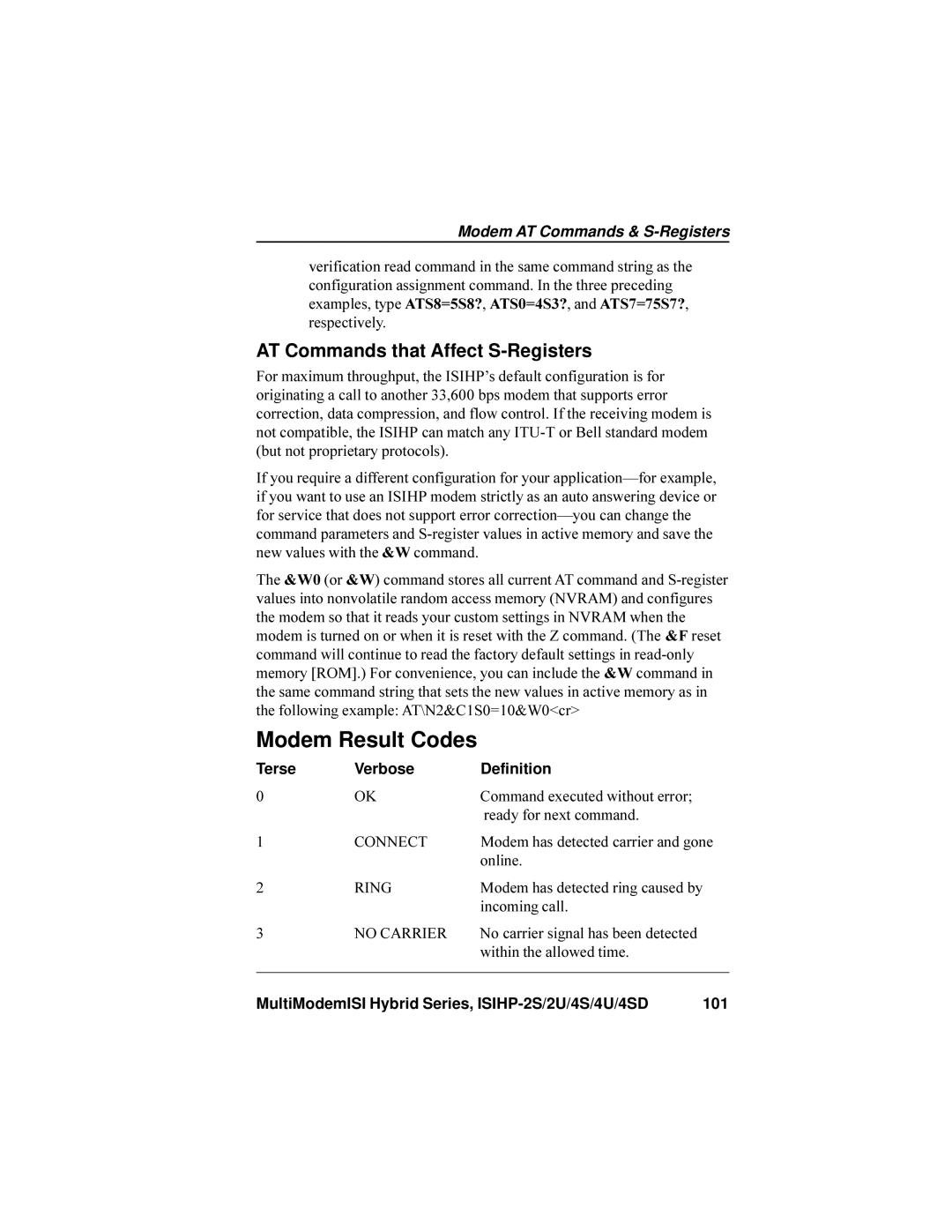 Multi-Tech Systems ISIHP-4SD, ISIHP-4U manual Modem Result Codes, AT Commands that Affect S-Registers 