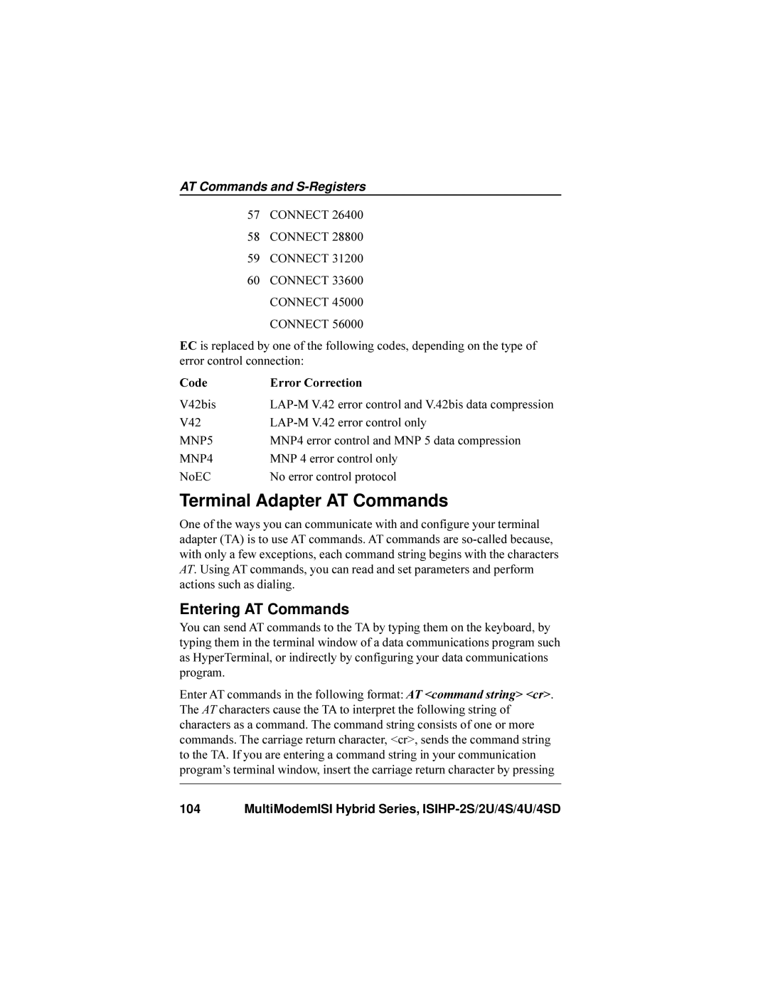 Multi-Tech Systems ISIHP-4SD, ISIHP-4U manual Terminal Adapter AT Commands, Entering AT Commands, Code Error Correction 