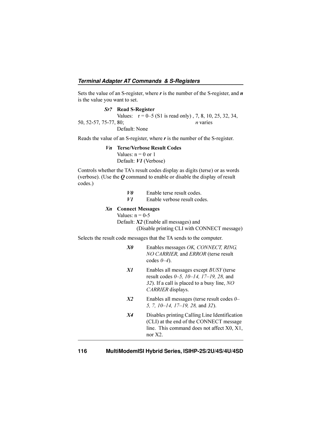 Multi-Tech Systems ISIHP-4SD, ISIHP-4U manual Read S-Register, Values, Varies, Xn Connect Messages 