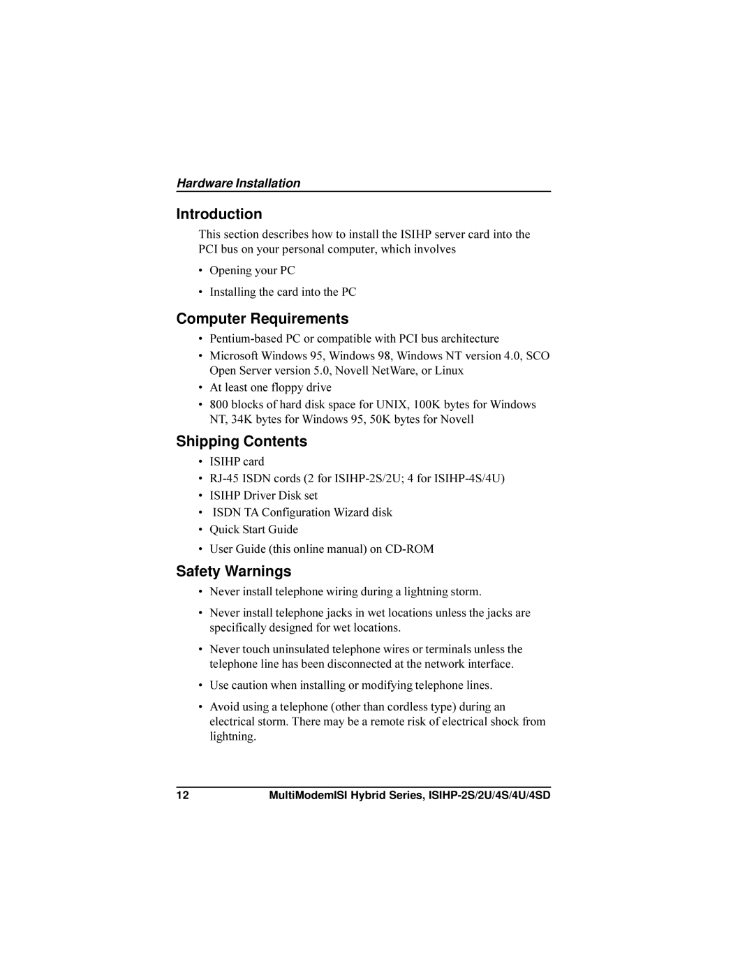 Multi-Tech Systems ISIHP-4U, ISIHP-4SD manual Introduction, Computer Requirements, Shipping Contents, Safety Warnings 