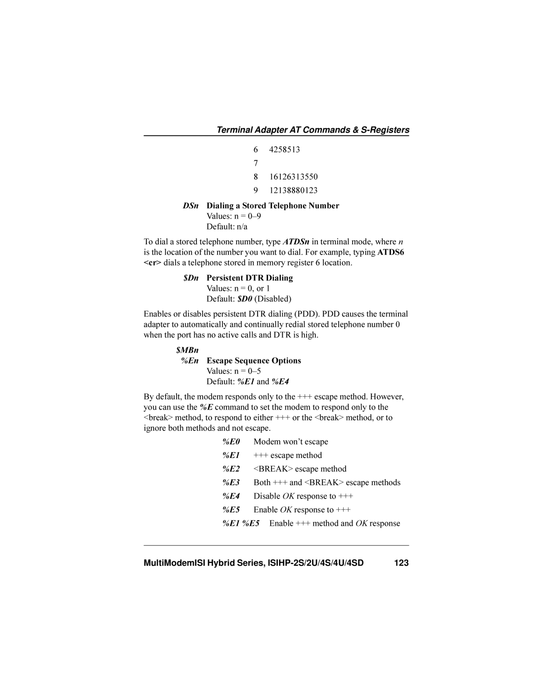 Multi-Tech Systems ISIHP-4U 4258513 16126313550 12138880123, DSn Dialing a Stored Telephone Number, Values n = Default n/a 