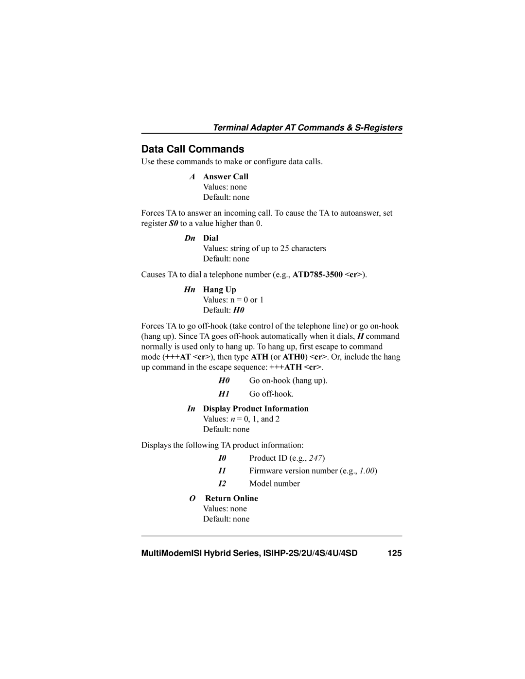 Multi-Tech Systems ISIHP-4SD, ISIHP-4U manual Data Call Commands, Answer Call Values none Default none, Dn Dial 