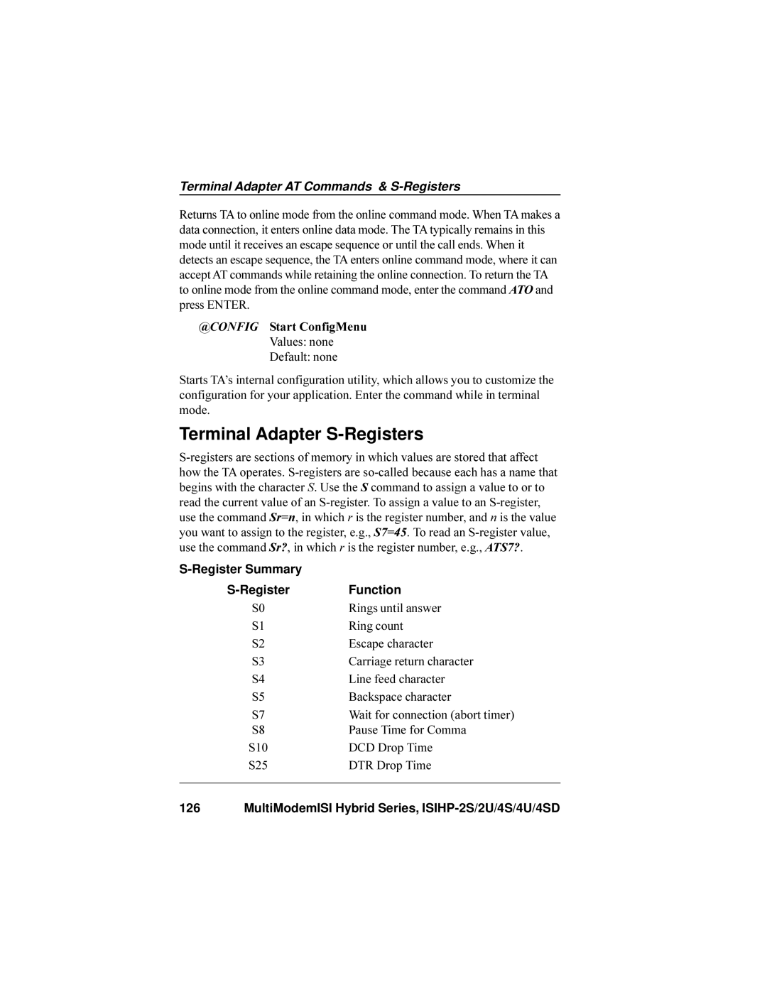 Multi-Tech Systems ISIHP-4U, ISIHP-4S manual Terminal Adapter S-Registers, @CONFIG Start ConfigMenu Values none Default none 