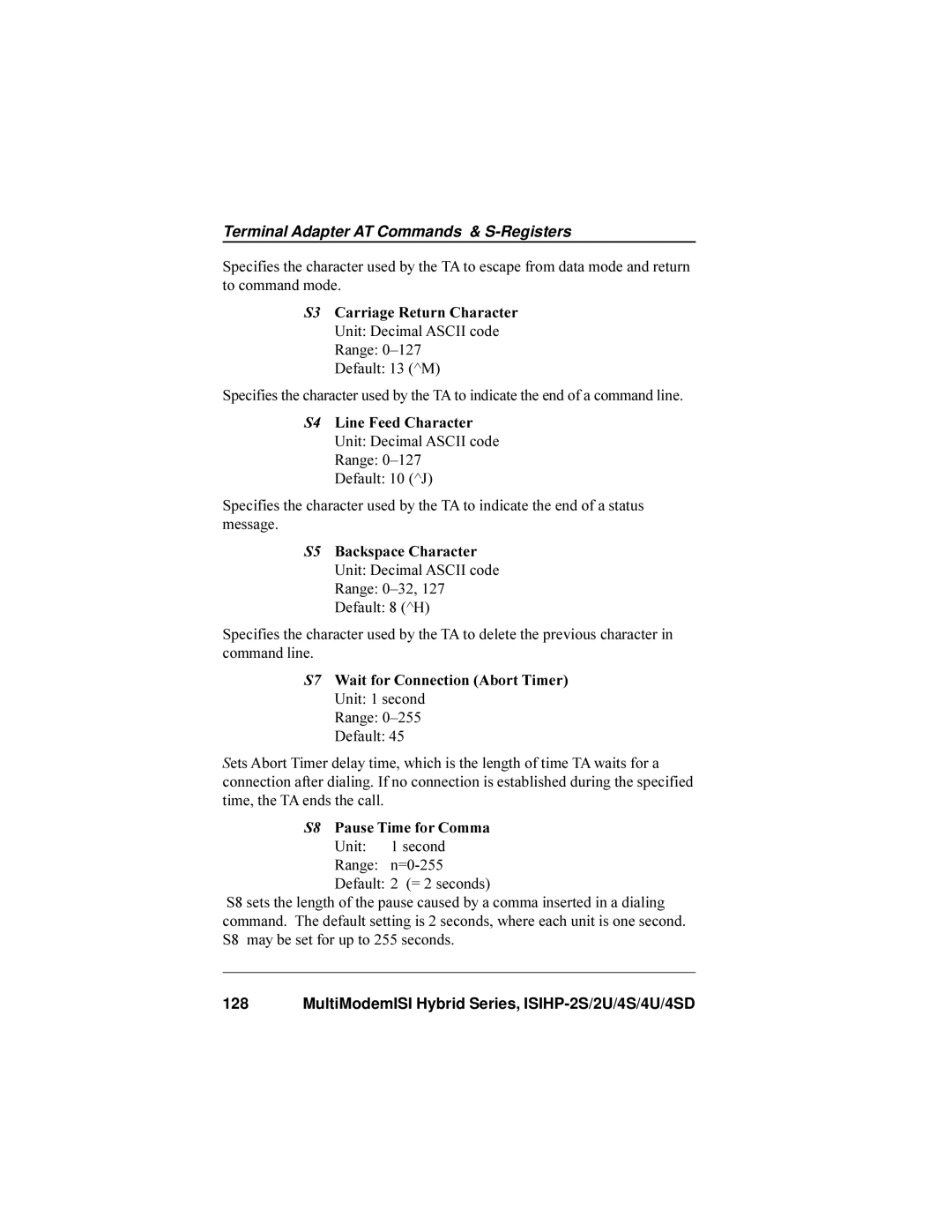Multi-Tech Systems ISIHP-4SD, ISIHP-4U manual S3 Carriage Return Character Unit Decimal Ascii code Range 