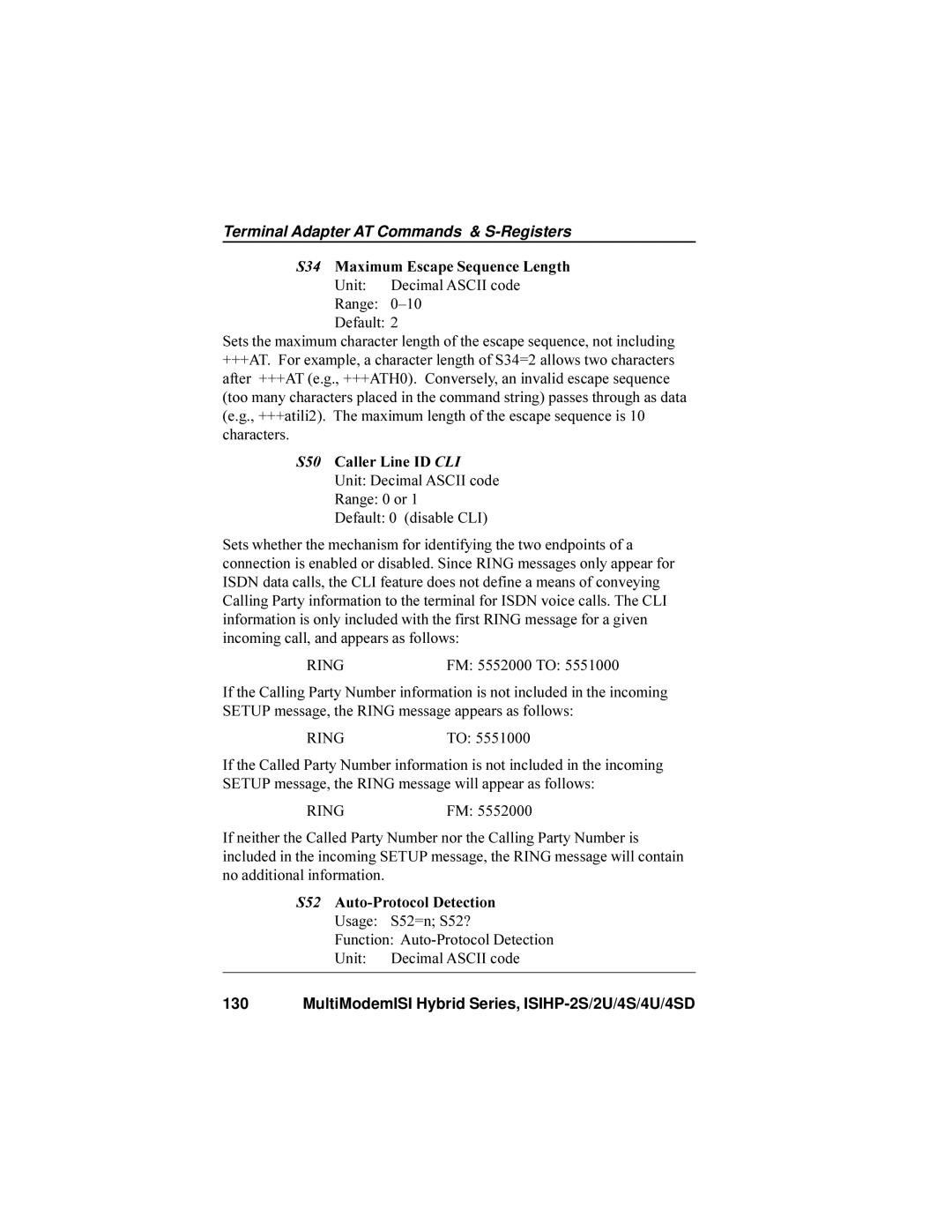 Multi-Tech Systems ISIHP-4U, ISIHP-4SD manual S34 Maximum Escape Sequence Length, Unit, S52 Auto-Protocol Detection 