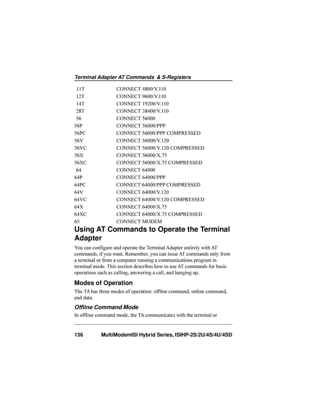 Multi-Tech Systems ISIHP-4U, ISIHP-4SD manual Using AT Commands to Operate the Terminal Adapter, Offline Command Mode 