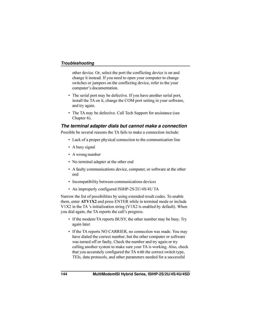 Multi-Tech Systems ISIHP-4U, ISIHP-4SD manual Terminal adapter dials but cannot make a connection 