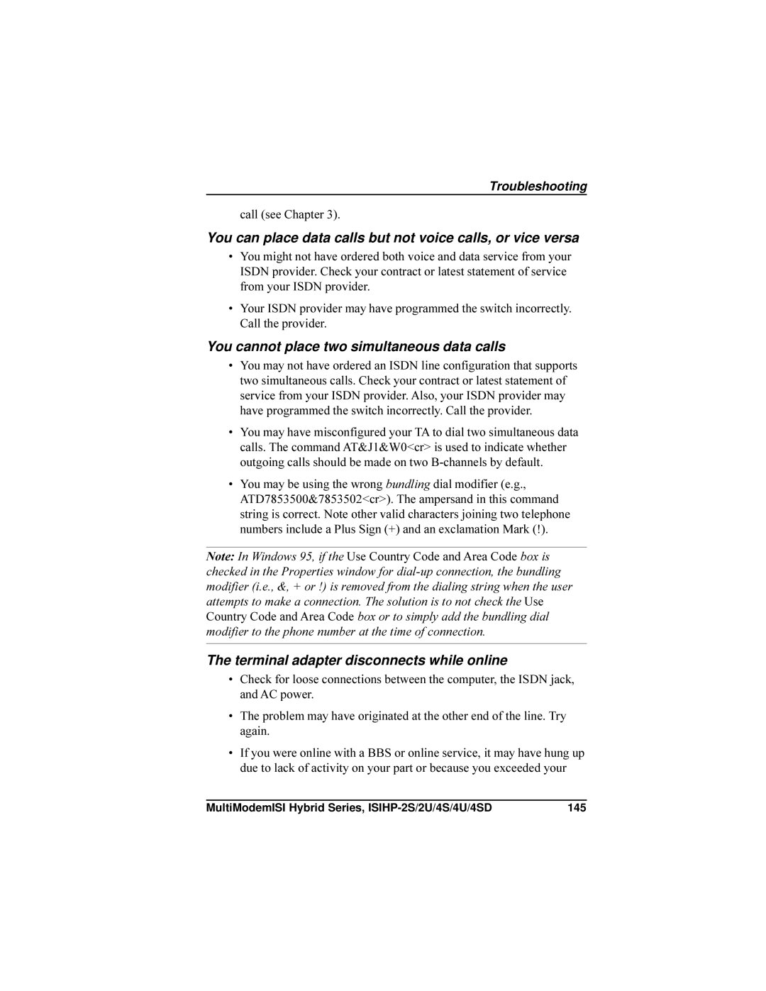 Multi-Tech Systems ISIHP-4S, ISIHP-4U manual You can place data calls but not voice calls, or vice versa, Call see Chapter 