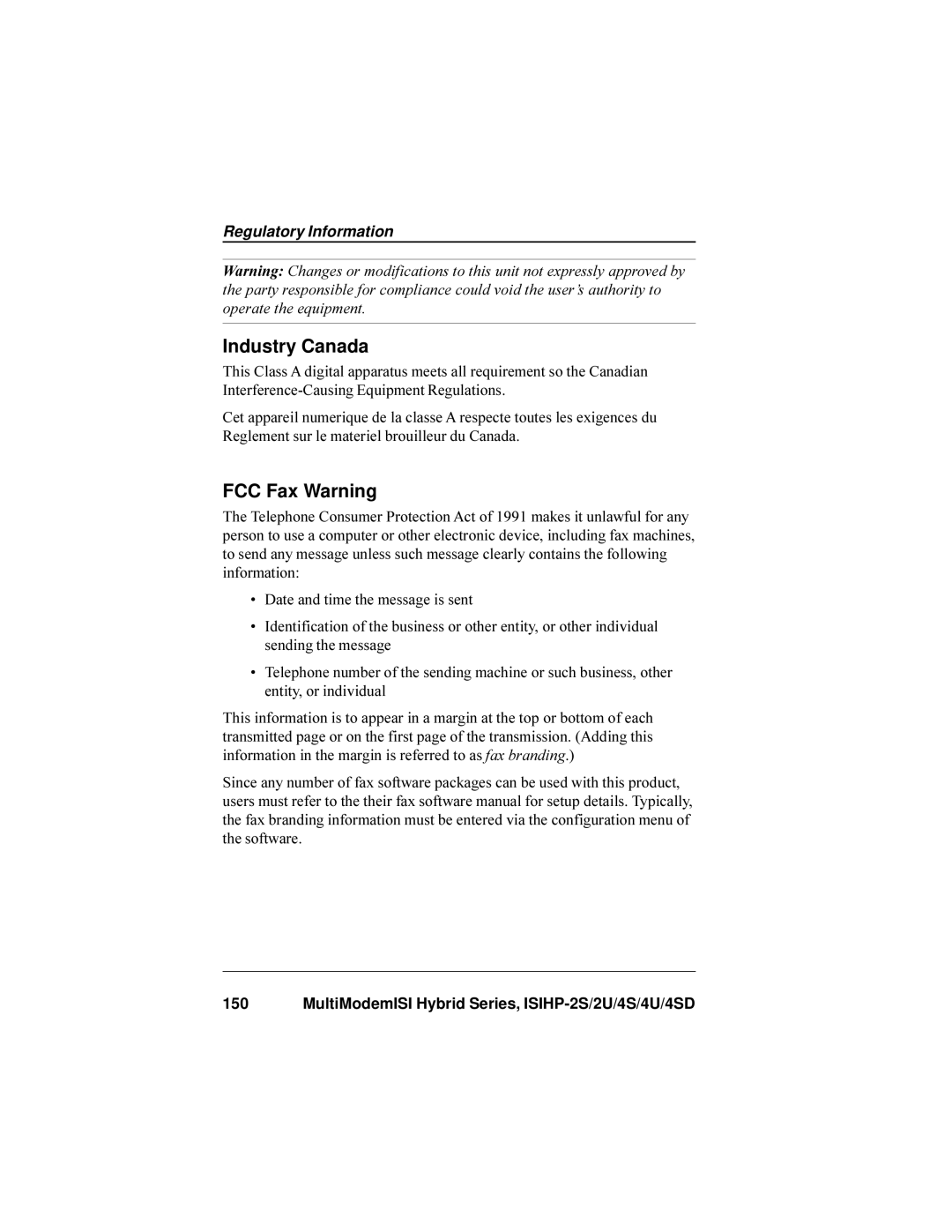 Multi-Tech Systems ISIHP-4U, ISIHP-4SD manual Industry Canada, FCC Fax Warning 