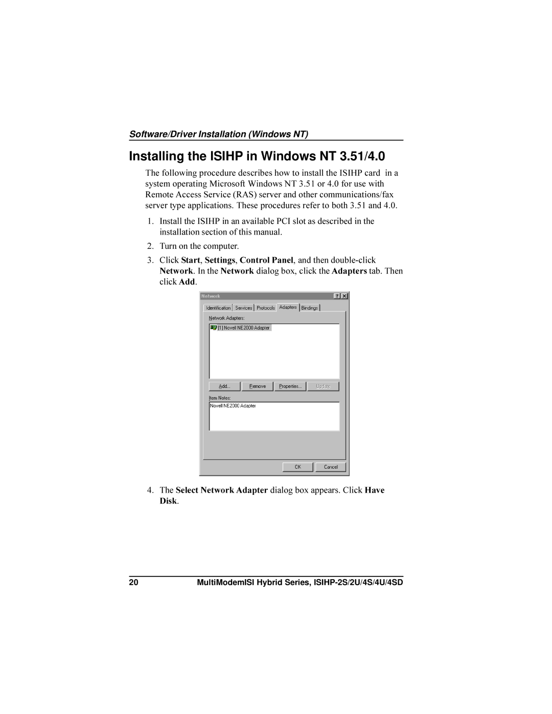 Multi-Tech Systems ISIHP-4SD, ISIHP-4U manual Installing the Isihp in Windows NT 3.51/4.0 