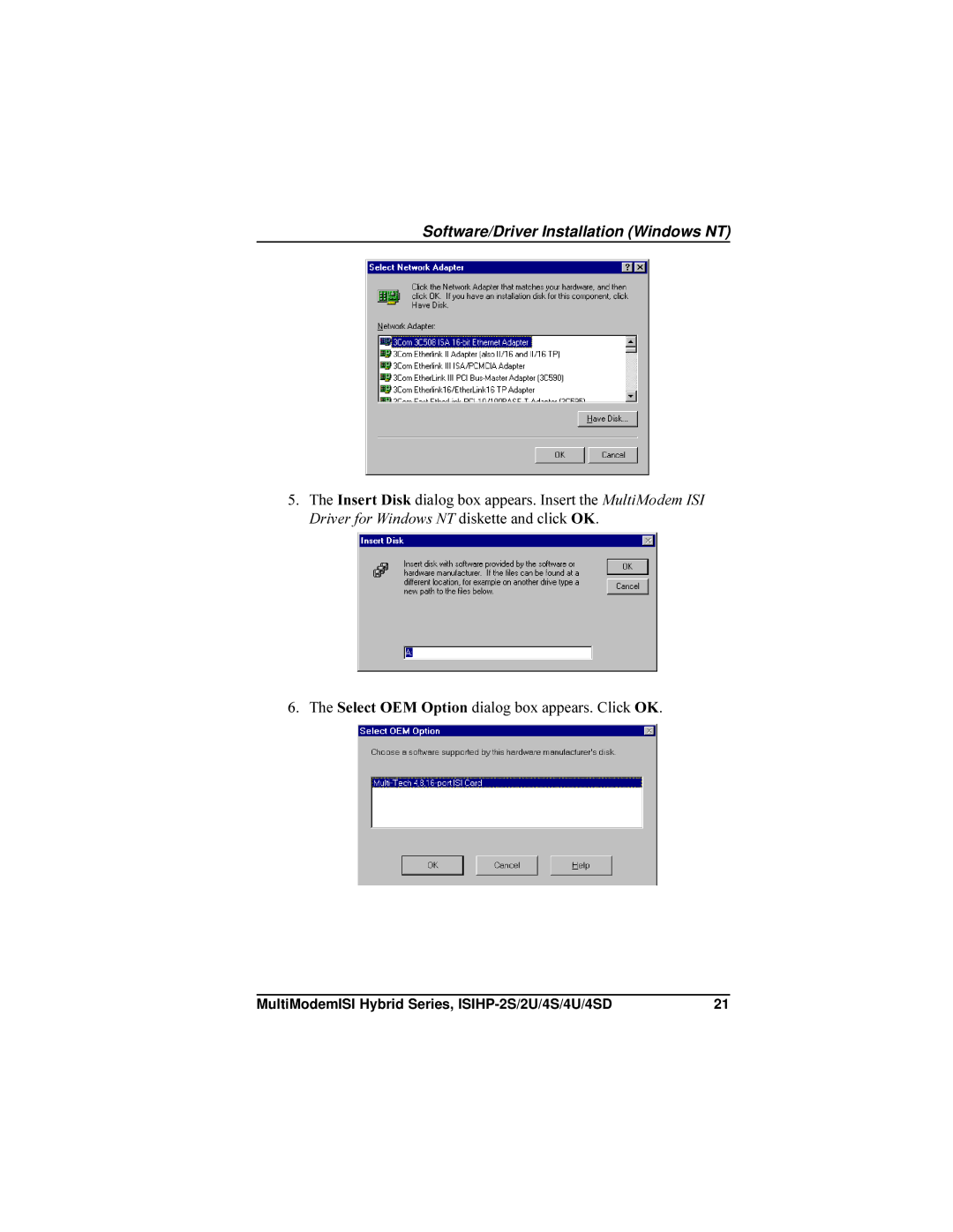 Multi-Tech Systems ISIHP-4U, ISIHP-4SD manual Software/Driver Installation Windows NT 