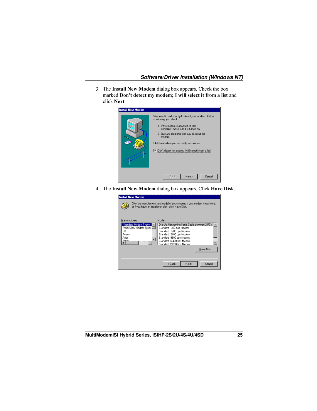 Multi-Tech Systems ISIHP-4U, ISIHP-4SD manual Software/Driver Installation Windows NT 