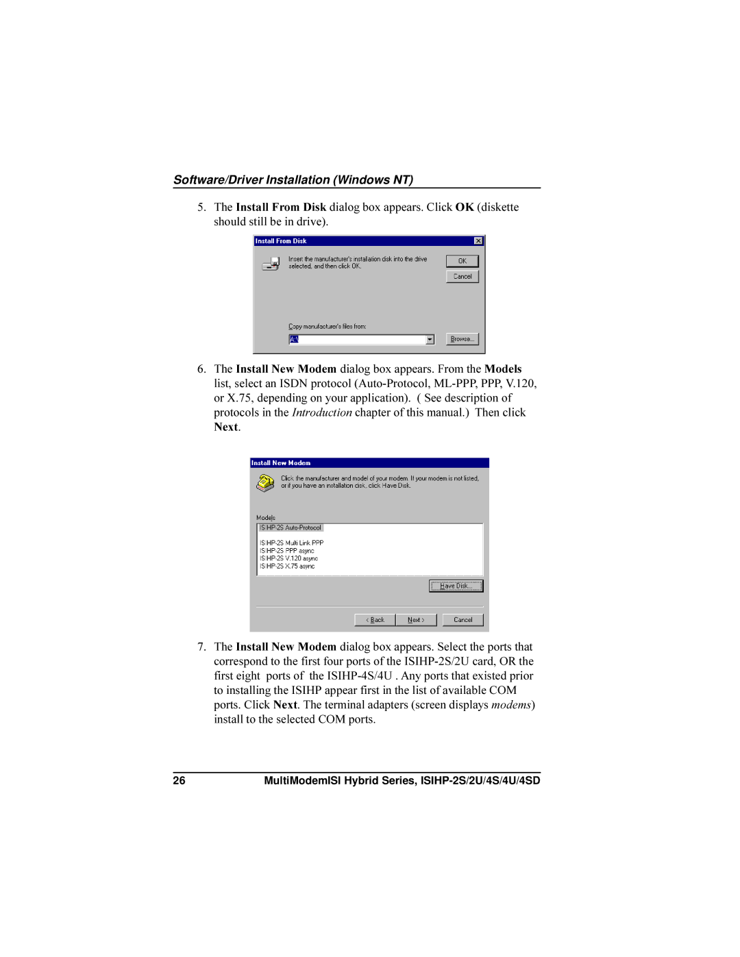 Multi-Tech Systems ISIHP-4SD, ISIHP-4U manual Software/Driver Installation Windows NT 