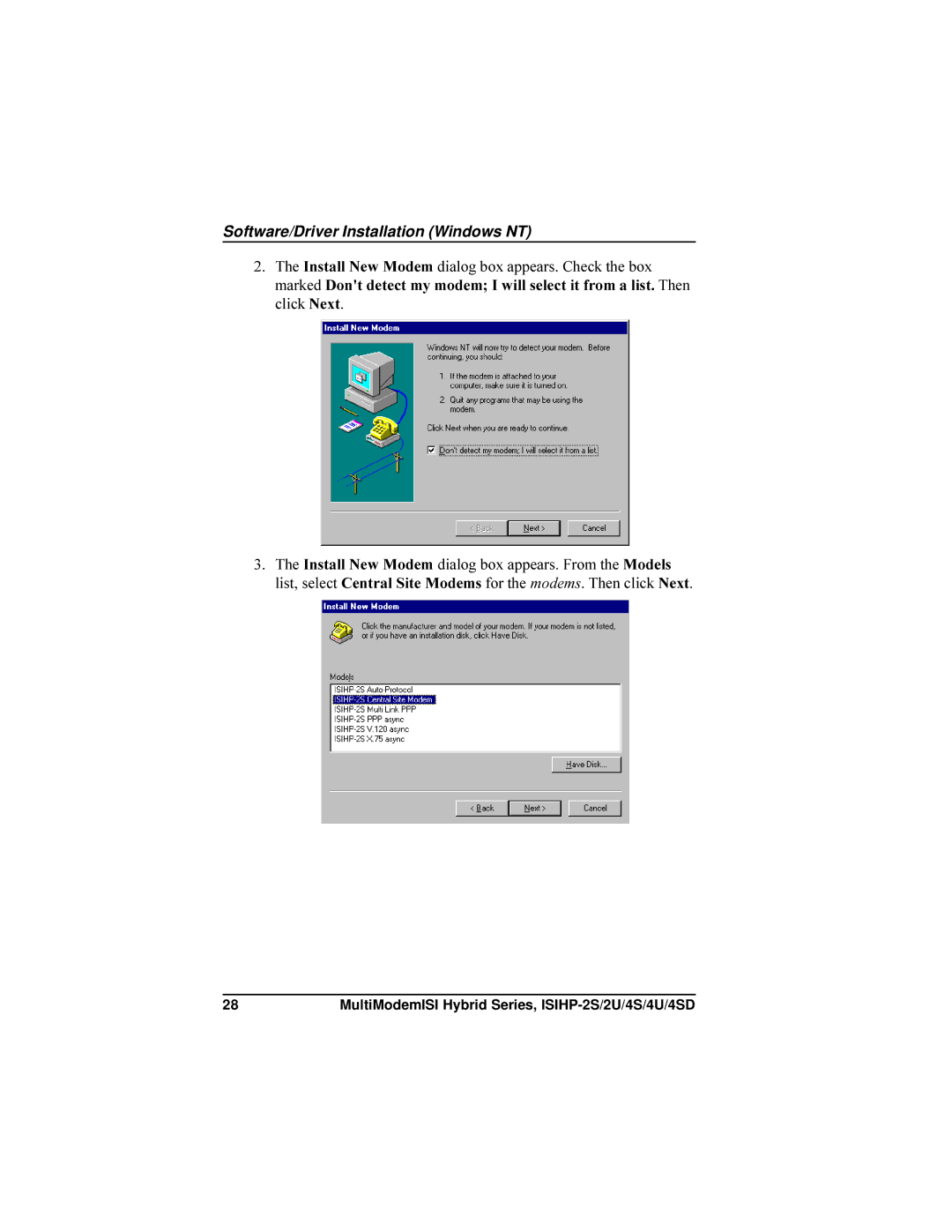 Multi-Tech Systems ISIHP-4U, ISIHP-4SD manual Software/Driver Installation Windows NT 