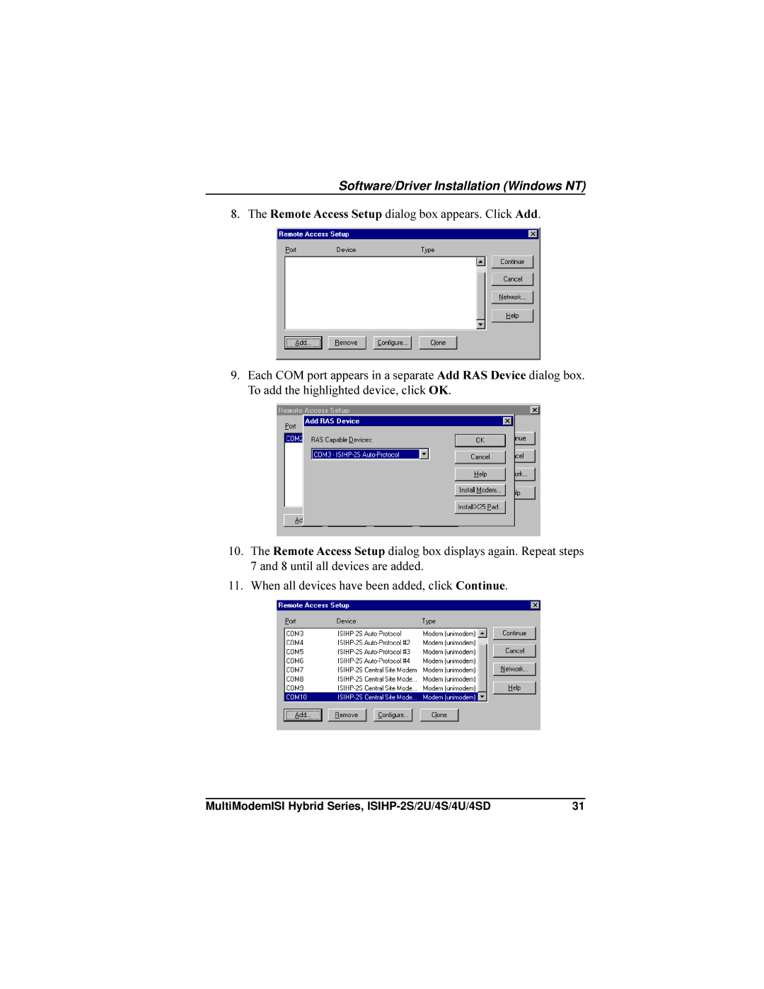 Multi-Tech Systems ISIHP-4U, ISIHP-4SD manual Software/Driver Installation Windows NT 