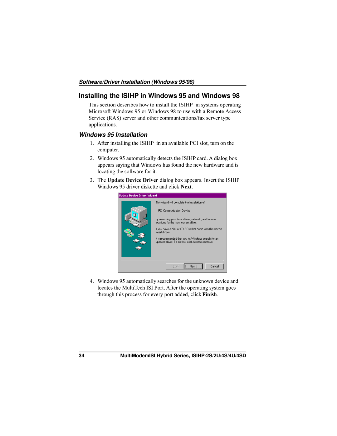 Multi-Tech Systems ISIHP-4U, ISIHP-4SD manual Installing the Isihp in Windows 95 and Windows, Windows 95 Installation 