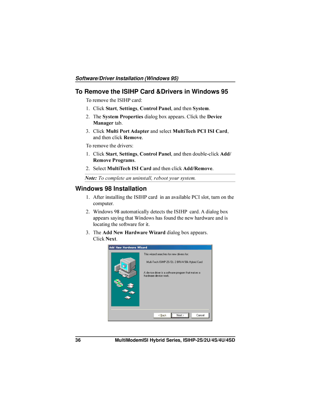 Multi-Tech Systems ISIHP-4U, ISIHP-4SD manual To Remove the Isihp Card &Drivers in Windows, Windows 98 Installation 