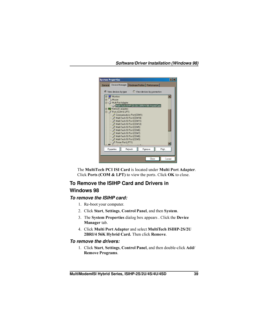 Multi-Tech Systems ISIHP-4U, ISIHP-4SD manual To Remove the Isihp Card and Drivers in Windows, To remove the Isihp card 