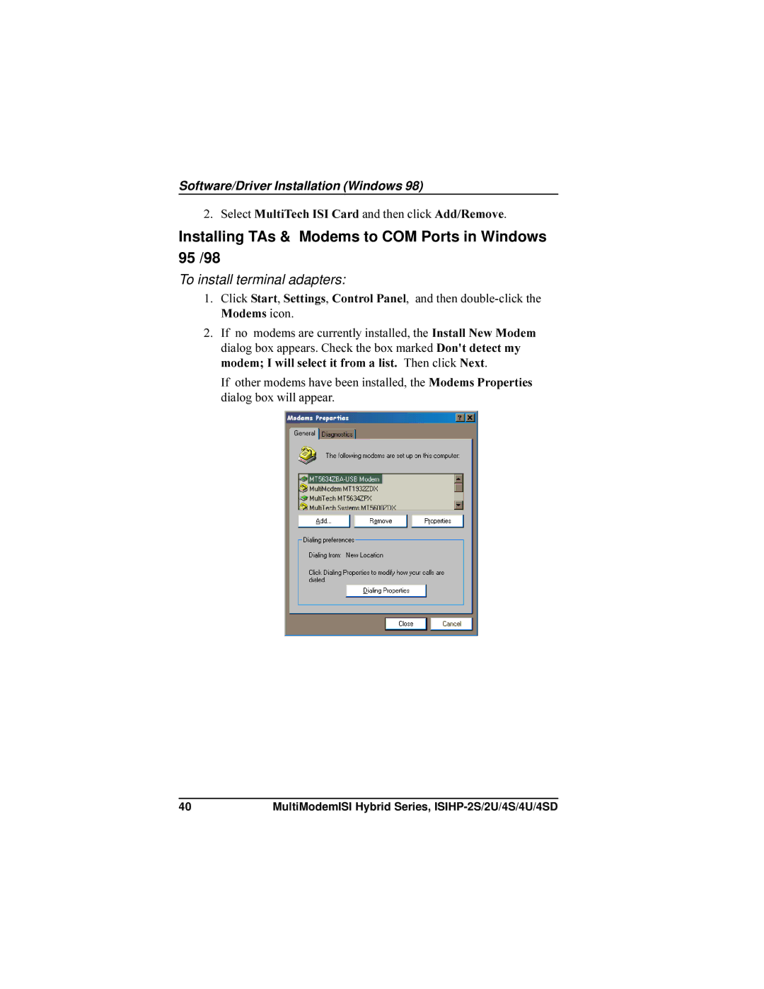 Multi-Tech Systems ISIHP-4U, ISIHP-4SD manual Installing TAs & Modems to COM Ports in Windows 95 /98 