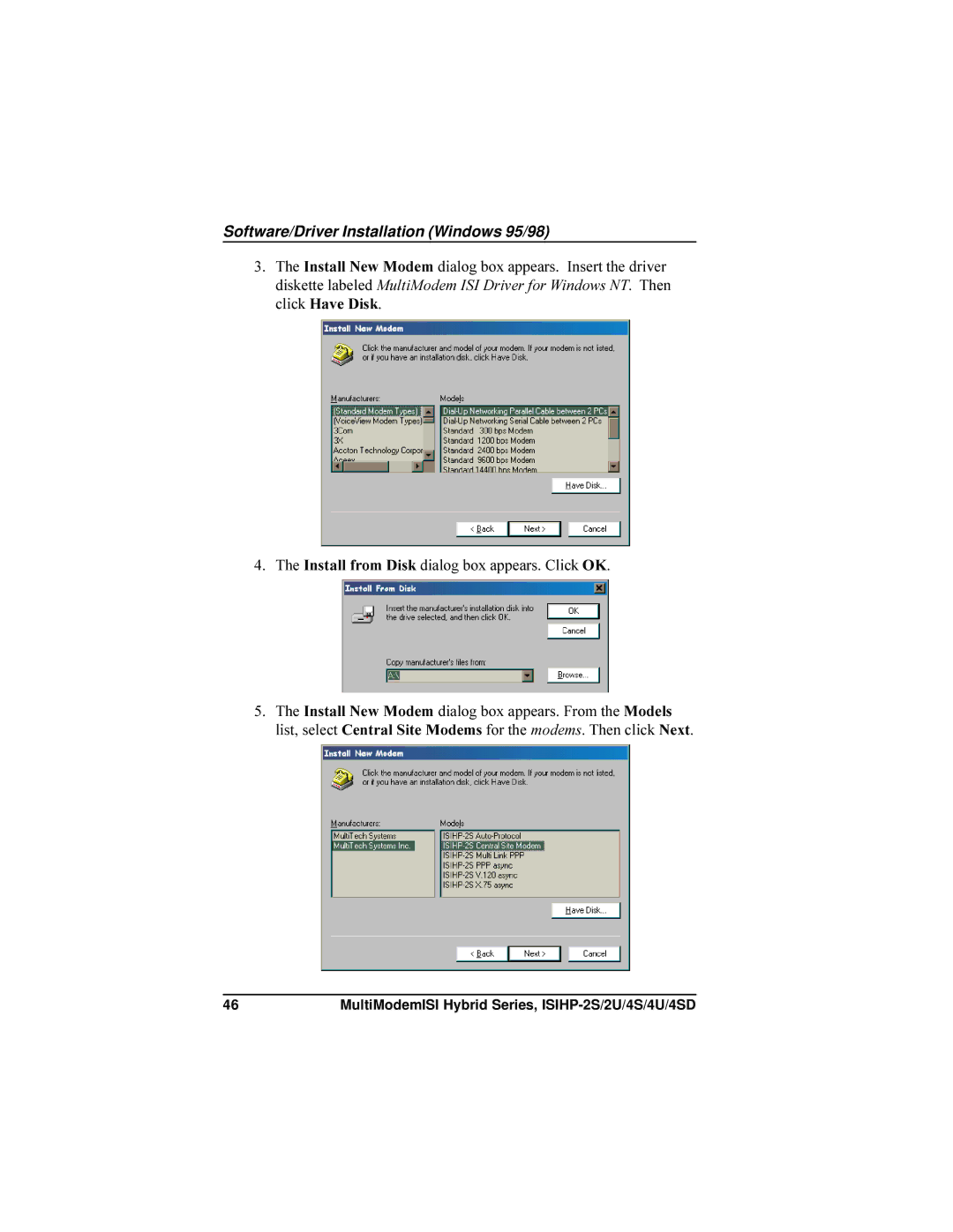 Multi-Tech Systems ISIHP-4U, ISIHP-4SD manual Software/Driver Installation Windows 95/98 