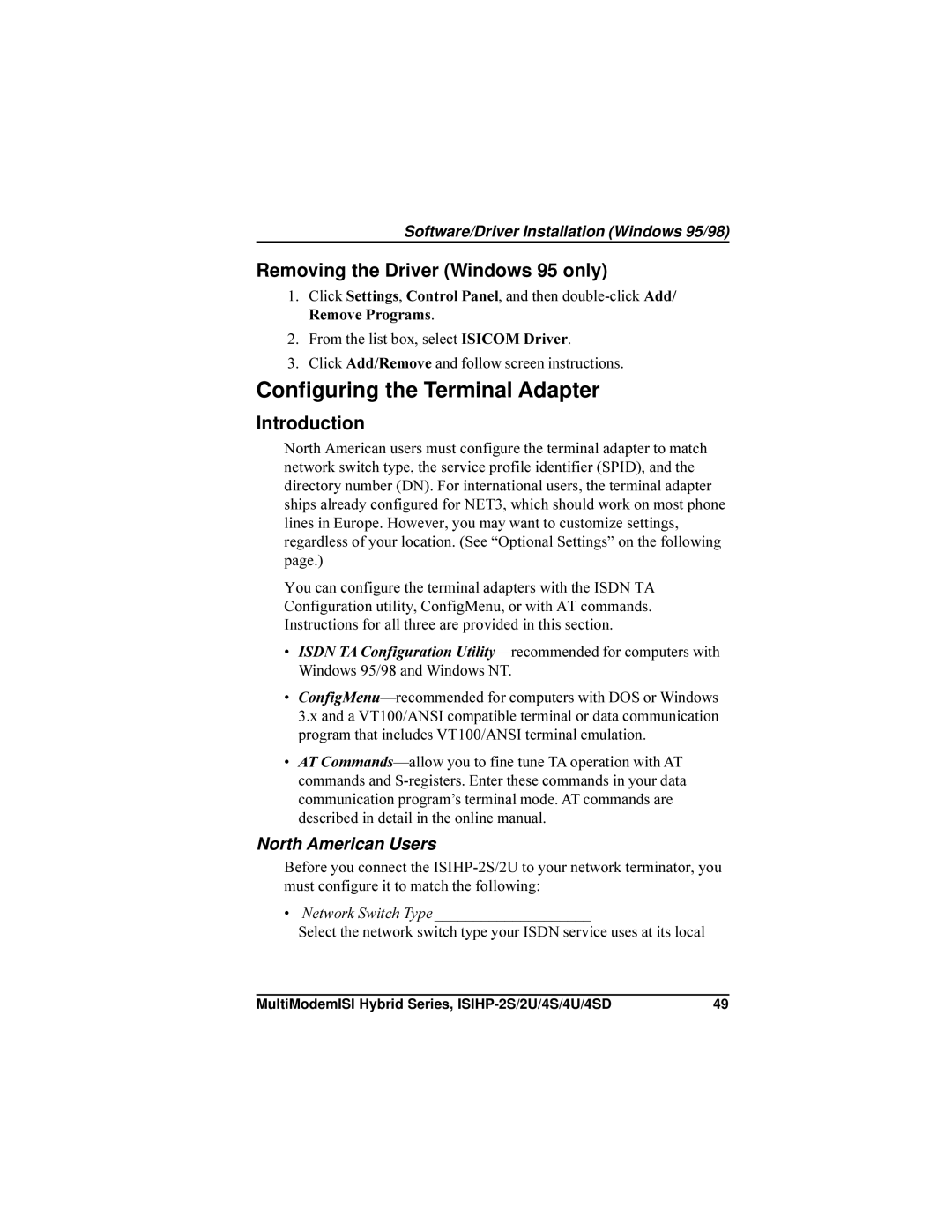 Multi-Tech Systems ISIHP-4S Configuring the Terminal Adapter, Removing the Driver Windows 95 only, North American Users 