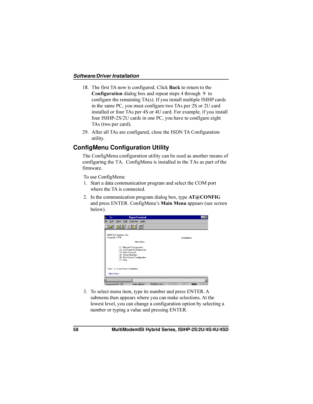 Multi-Tech Systems ISIHP-4U, ISIHP-4SD manual ConfigMenu Configuration Utility 