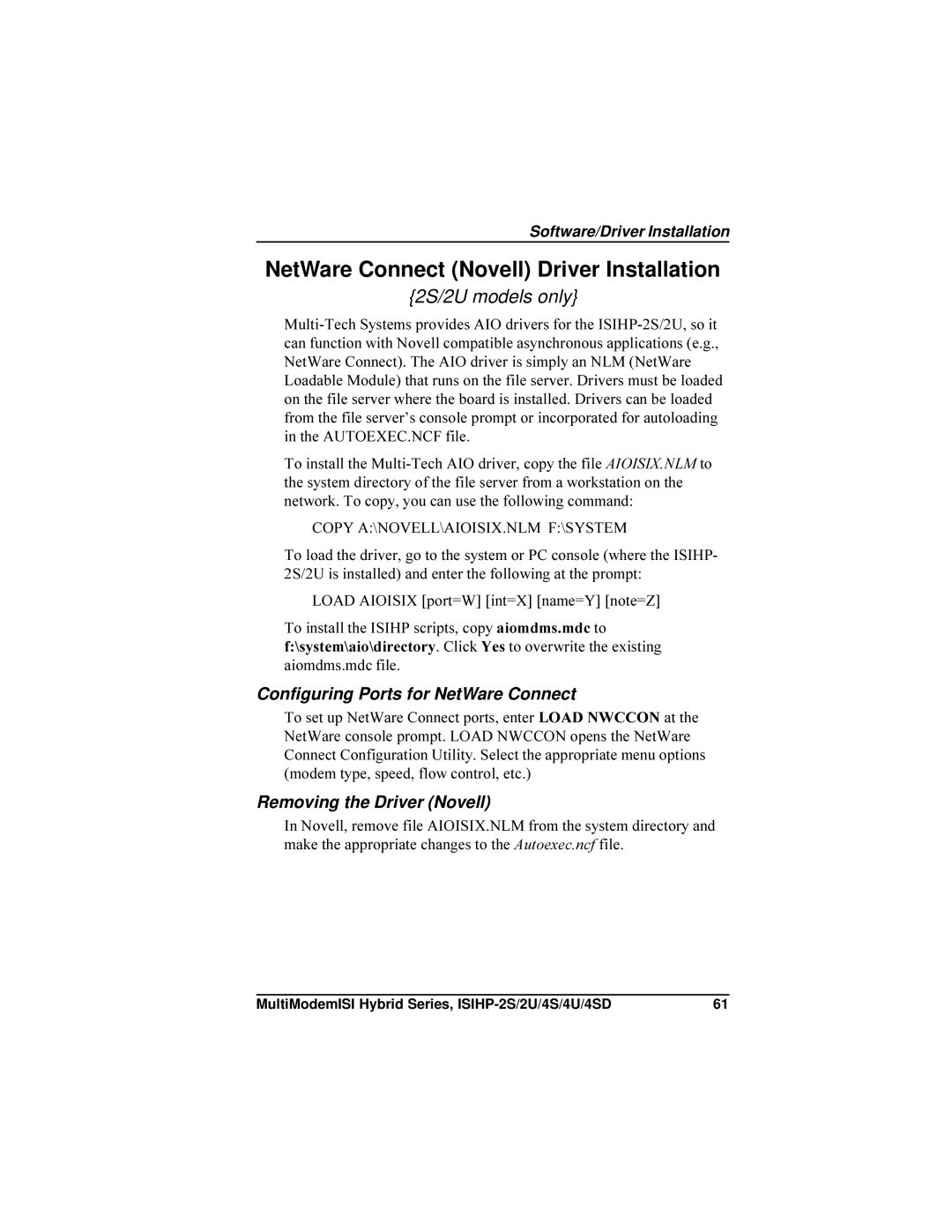 Multi-Tech Systems ISIHP-4S, ISIHP-4U NetWare Connect Novell Driver Installation, Configuring Ports for NetWare Connect 