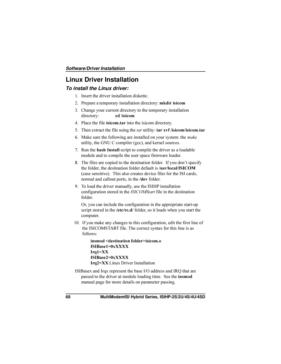 Multi-Tech Systems ISIHP-4SD Linux Driver Installation, To install the Linux driver, Directory, Irq1=XX ISIBase2=0xXXXX 