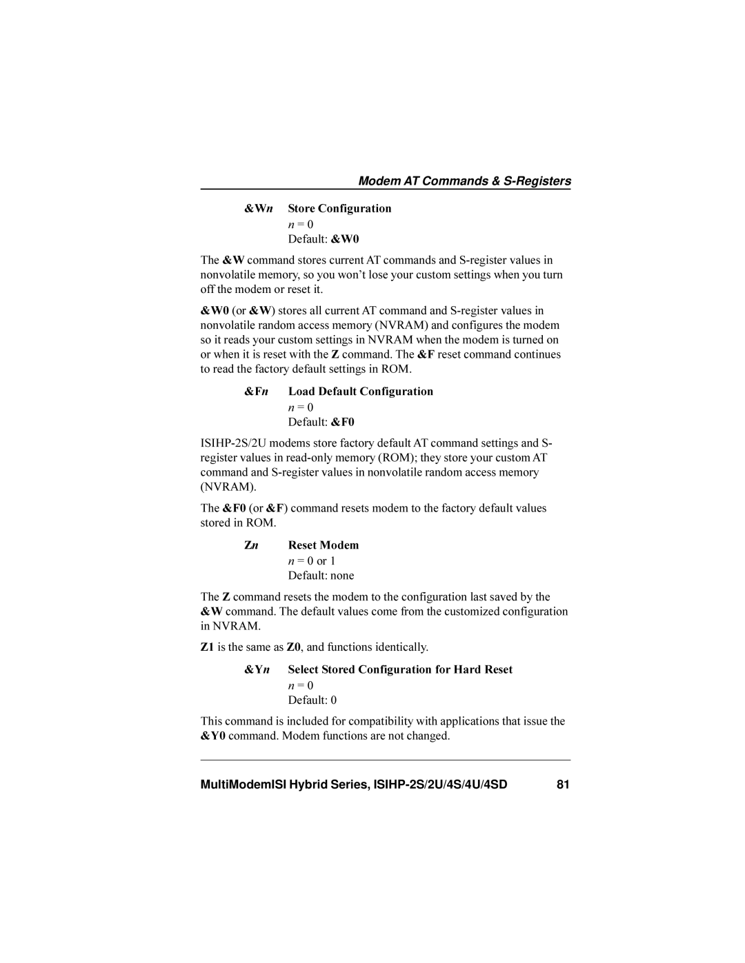 Multi-Tech Systems ISIHP-4U, ISIHP-4SD manual Wn Store Configuration, Fn Load Default Configuration, Zn Reset Modem 