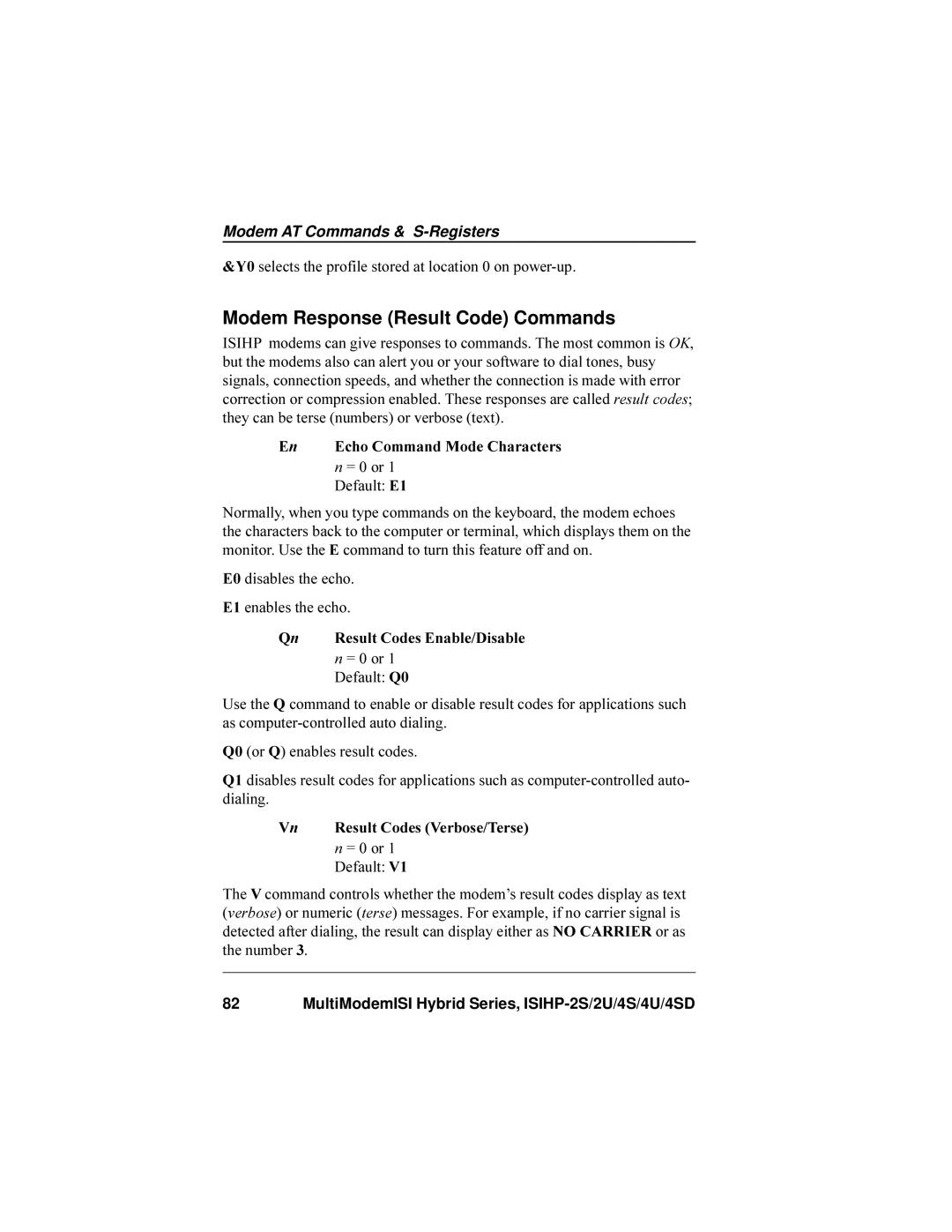 Multi-Tech Systems ISIHP-4U, ISIHP-4SD manual Modem Response Result Code Commands, En Echo Command Mode Characters 