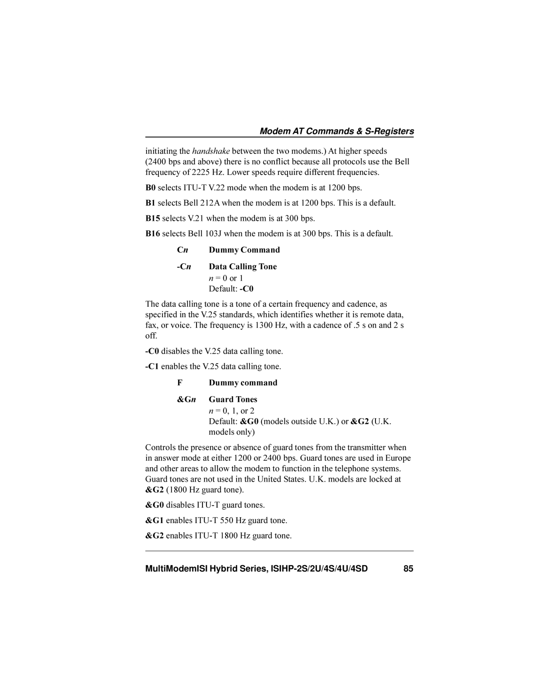 Multi-Tech Systems ISIHP-4U, ISIHP-4SD manual Cn Dummy Command CnData Calling Tone, Dummy command Gn Guard Tones 