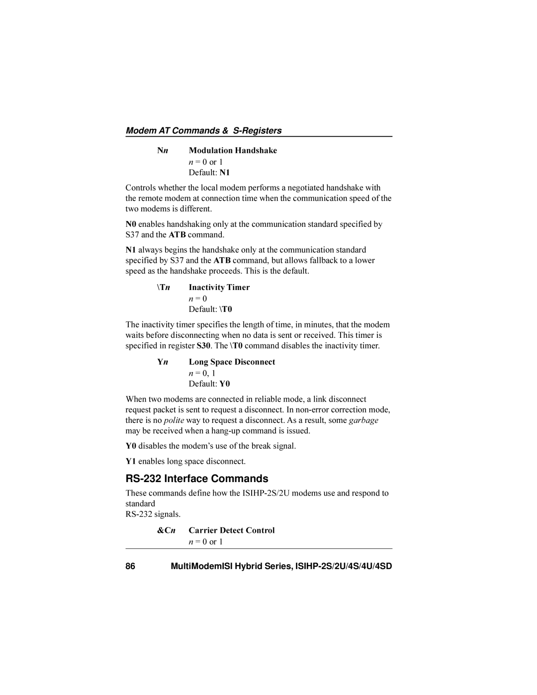 Multi-Tech Systems ISIHP-4SD, ISIHP-4U manual RS-232 Interface Commands, Nn Modulation Handshake, Tn Inactivity Timer 