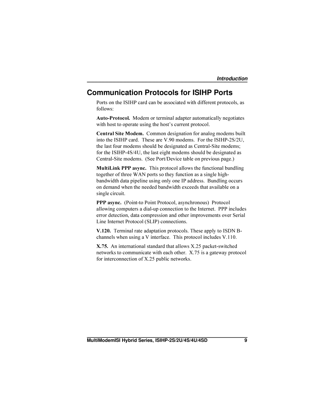 Multi-Tech Systems ISIHP-4U, ISIHP-4SD manual Communication Protocols for Isihp Ports 