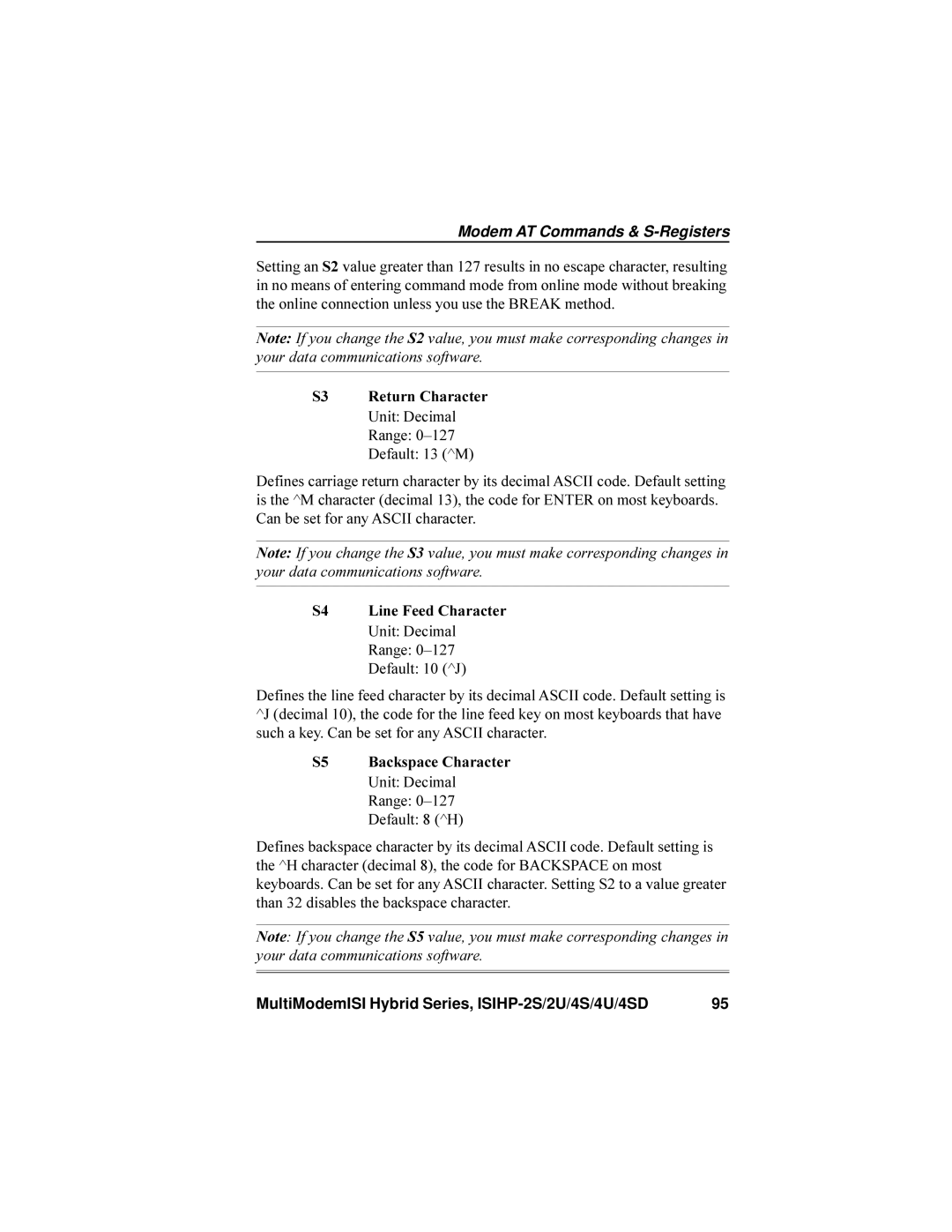 Multi-Tech Systems ISIHP-4SD, ISIHP-4U manual S3 Return Character, S4 Line Feed Character, S5 Backspace Character 