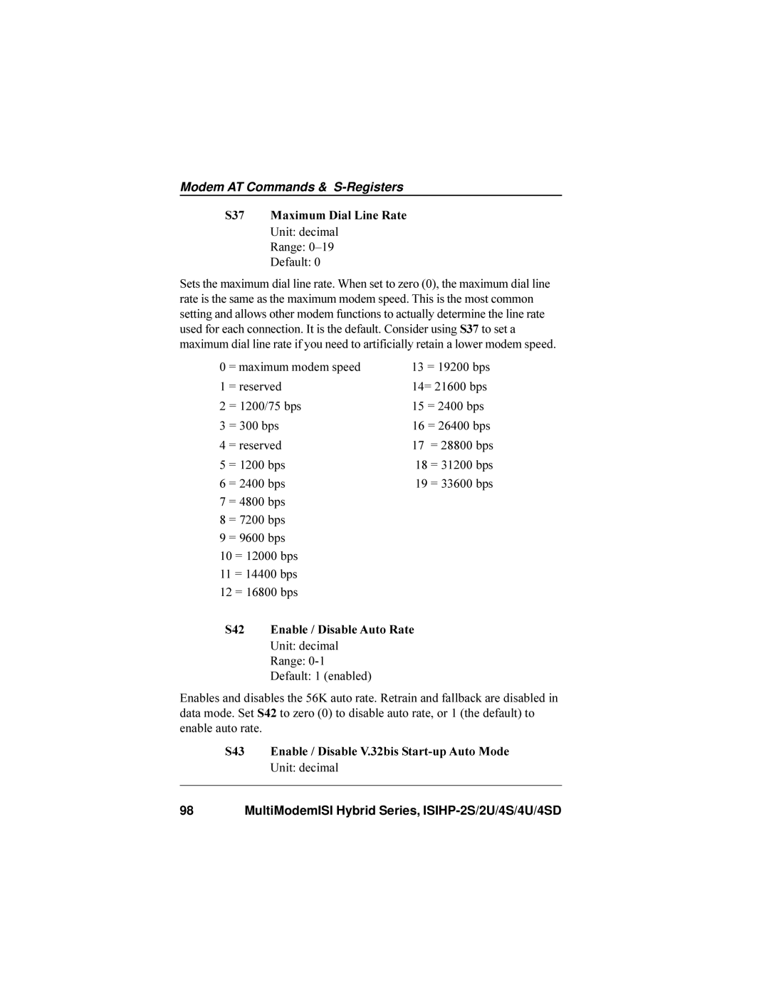 Multi-Tech Systems ISIHP-4SD, ISIHP-4U manual S37 Maximum Dial Line Rate, S42 Enable / Disable Auto Rate 
