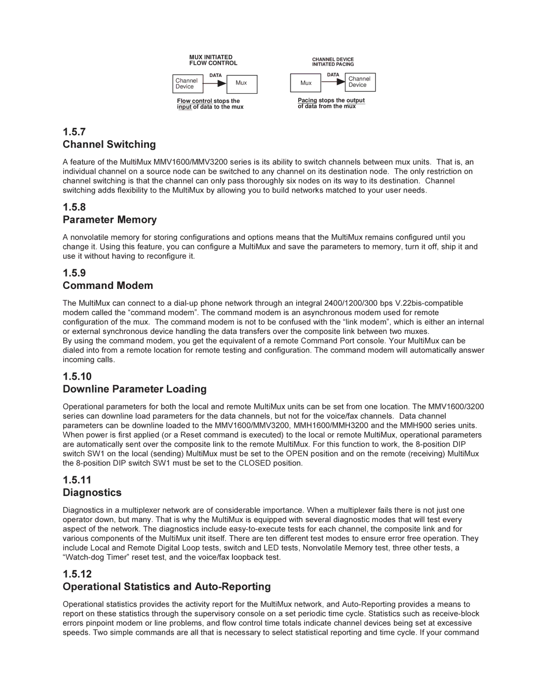 Multi-Tech Systems MMV1600 Channel Switching, Parameter Memory, Command Modem, Downline Parameter Loading, Diagnostics 