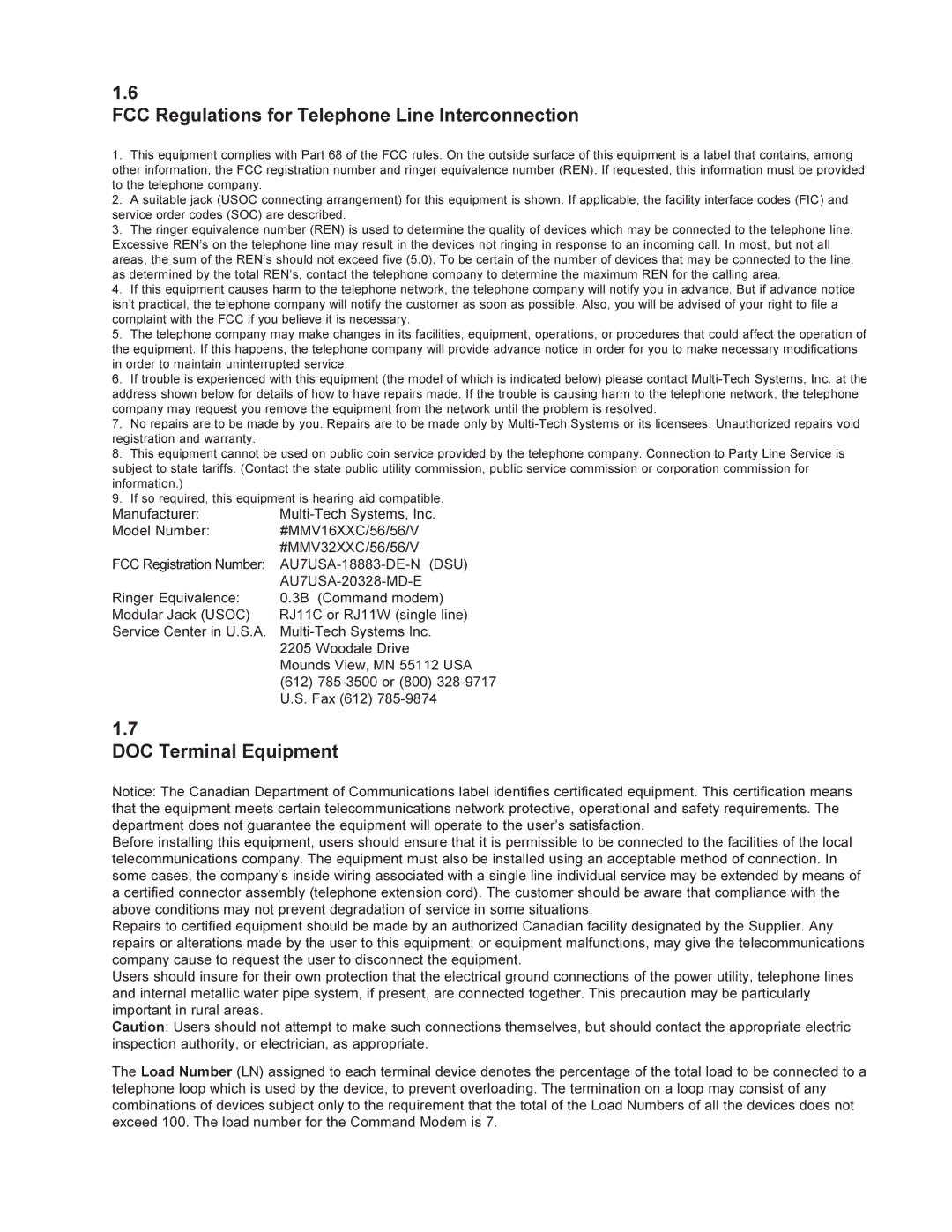 Multi-Tech Systems MMV1600 FCC Regulations for Telephone Line Interconnection, DOC Terminal Equipment, AU7USA-20328-MD-E 