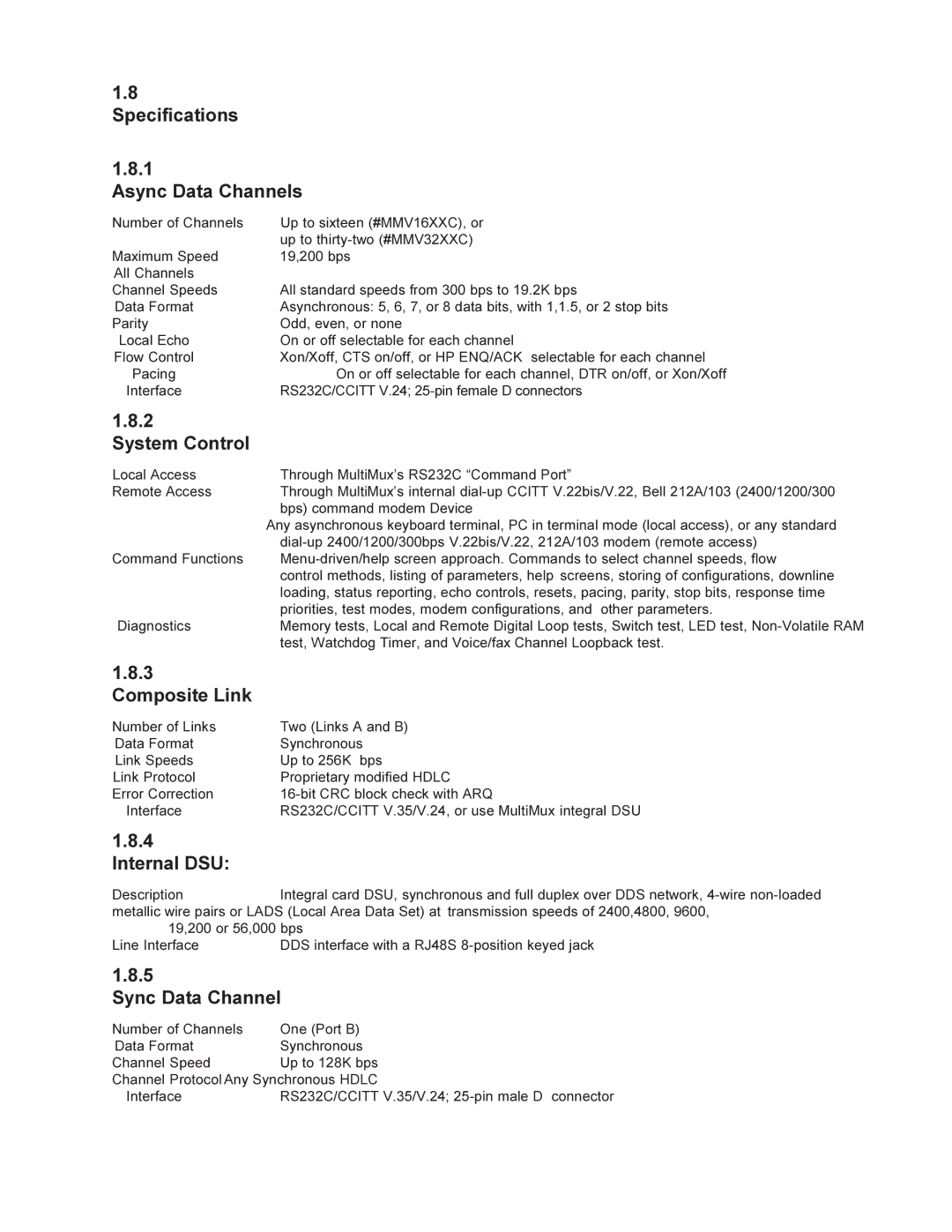 Multi-Tech Systems MMV1600 owner manual Specifications Async Data Channels, System Control, Composite Link, Internal DSU 