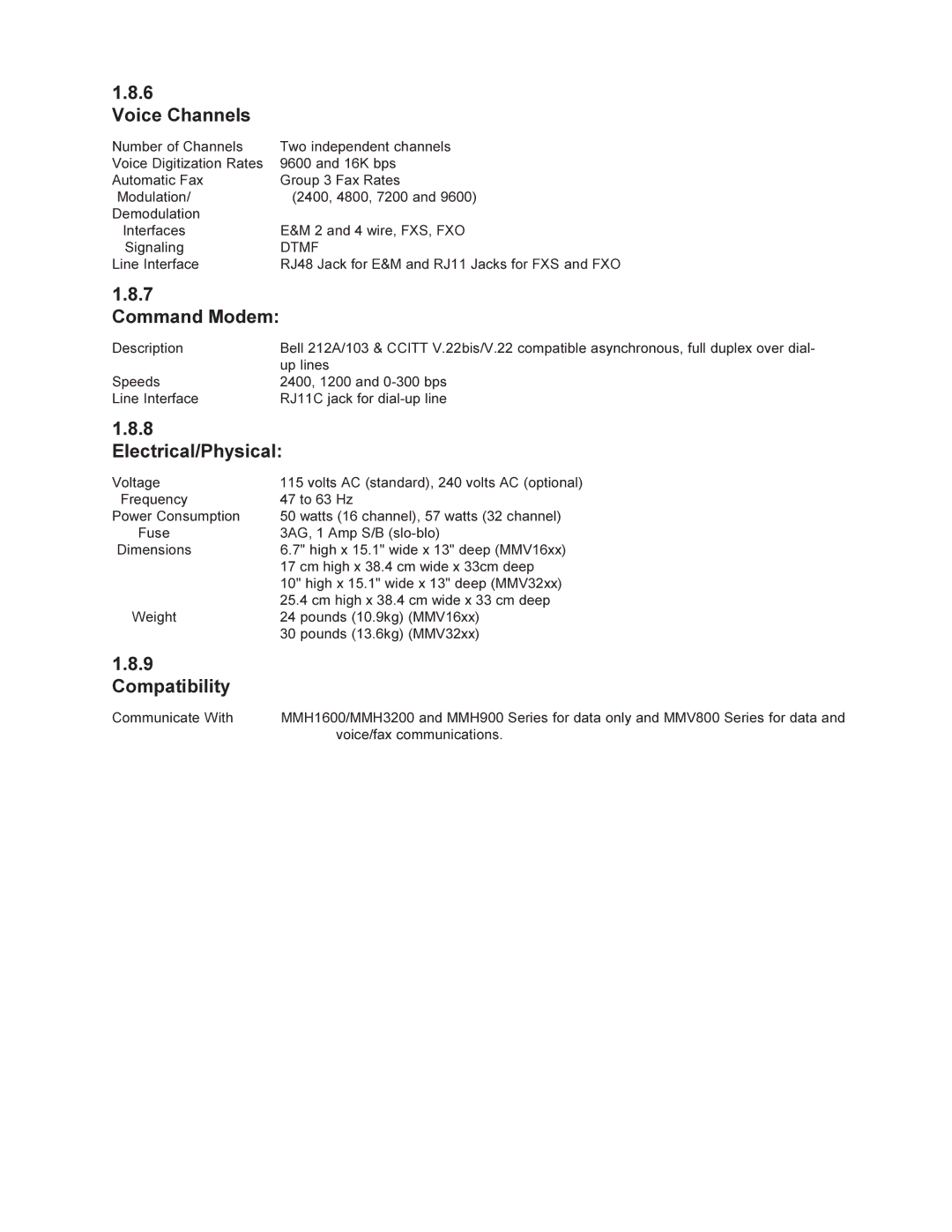 Multi-Tech Systems MMV1600 owner manual Voice Channels, Electrical/Physical, Compatibility, Dtmf 