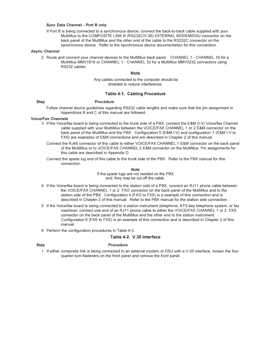 Multi-Tech Systems MMV1600 owner manual V.35 Interface, Sync Data Channel Port B only, Async Channel, Voice/Fax Channels 