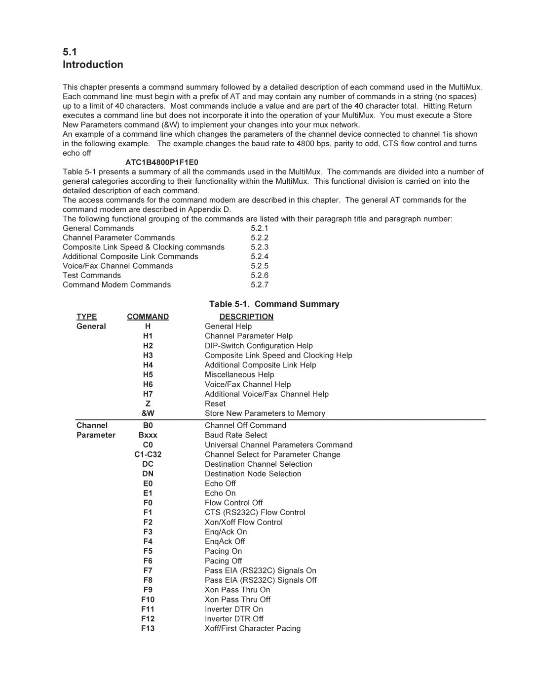 Multi-Tech Systems MMV1600 owner manual Command Summary, ATC1B4800P1F1E0, Type Command Description 