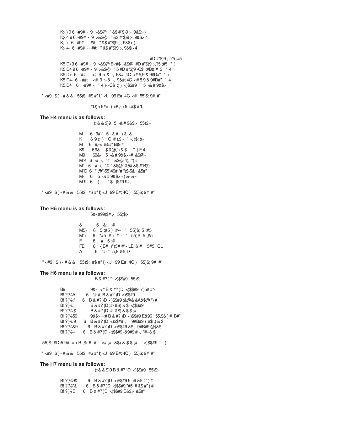 Multi-Tech Systems MMV1600 H4 menu is as follows, H5 menu is as follows, H6 menu is as follows, H7 menu is as follows 