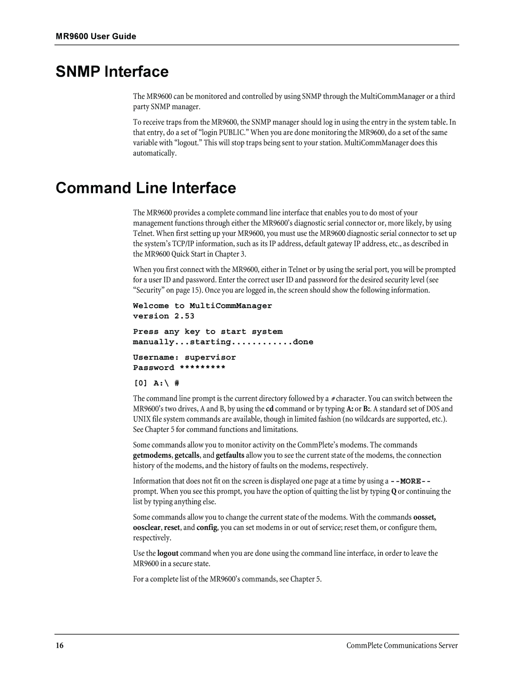 Multi-Tech Systems MR9600 manual Snmp Interface, Command Line Interface 